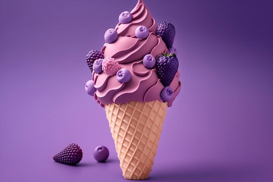 Purple Ice Cream Cone decorated with berries close-up on Purple background. Generative AI.