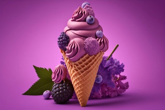 Purple Ice Cream Cone decorated with berries close-up on Purple background. Generative AI.