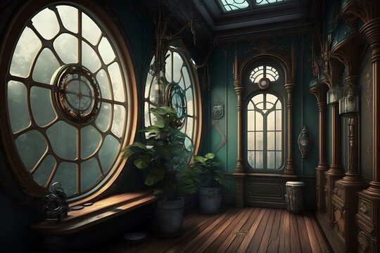 Steampunk interior design, fantasy retro hall in a Victorian house with big windows. Generative AI.