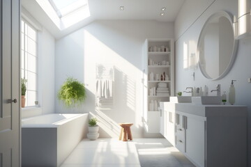 Fototapeta na wymiar Contemporary light white bathroom with furniture. Ai generative