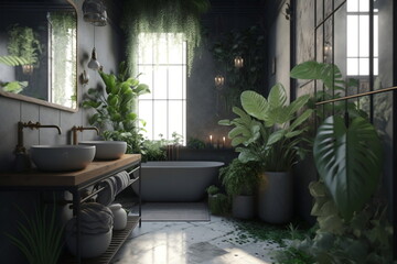 Contemporary bathroom interior design urban jungle style. AI generative