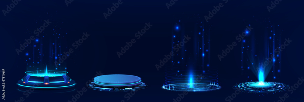 Poster fantastic circle portals, teleport, circle holograms with light and beam. futuristic scenes for show