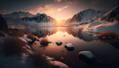 Fototapeta na wymiar Landscape photograph of sunset behind snowy mountains