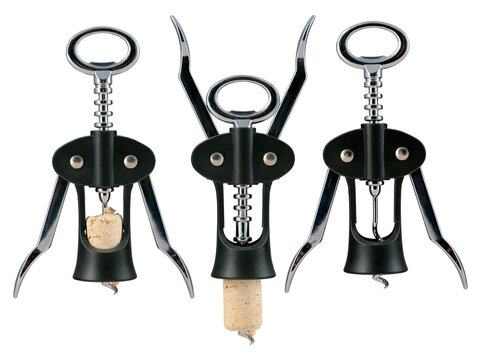 Wine Opener In Three Positions On An Isolated Background.