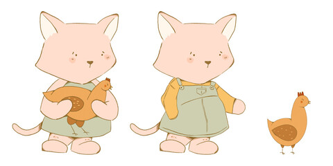 Farm Cat Garden, flowers and plants at home and outdoor. Chicken and farm animals. Hand drawn illustrations of plants in pots, people in garden beds, patterns and background for posters or cards