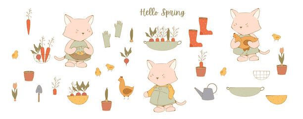 Farm Cat Garden, flowers and plants at home and outdoor. Chicken and farm animals. Hand drawn illustrations of plants in pots, people in garden beds, patterns and background for posters or cards