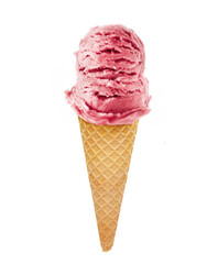 Strawberry ice cream scoops with cone isolated on white background