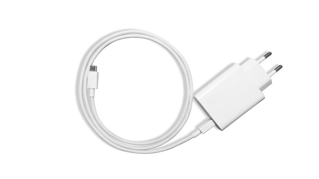A white USB type C charger cable isolated on transparent background