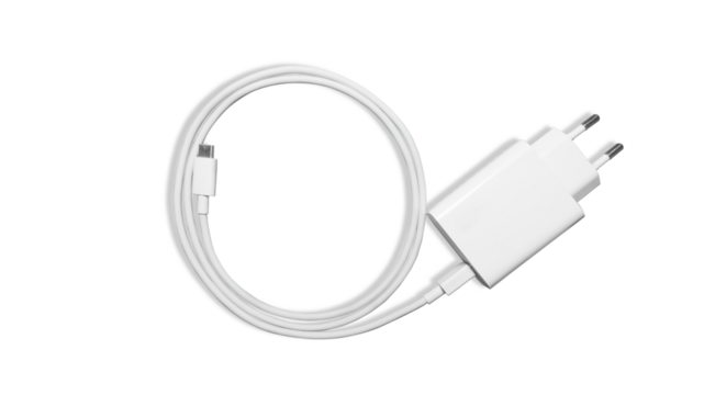 A white USB type C charger cable isolated on transparent background