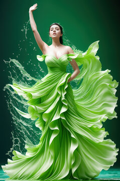 Dance of woman in green dress underwater
