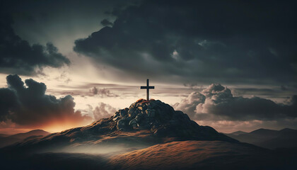 A wooden cross dominates the foreground of this image as the sunrise paints the sky in vibrant colors.