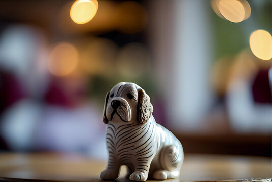 porcelain dog stands on a wooden table. blurred room background. ai generated