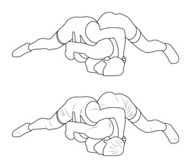 Silhouette outline athletes wrestlers in wrestling, duel, fight. Sketch line drawing greco roman, freestyle, classical wrestling.