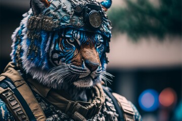 Fototapeta premium tiger headed soldier by AI Generation 