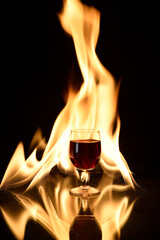 shot of cognac drink with fire in the background glass of red wine