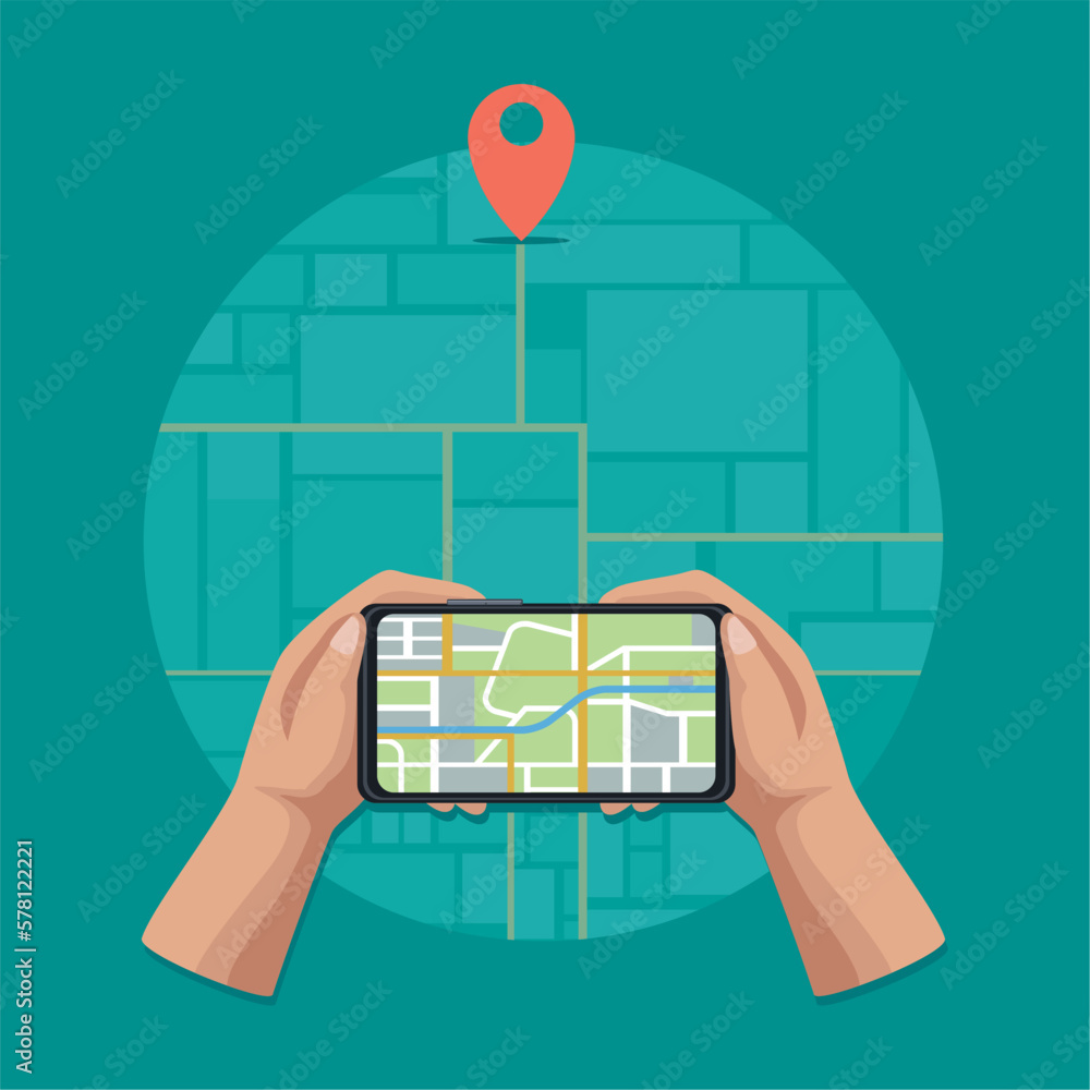 Poster hands using smartphone with gps app