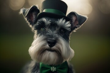 Generative AI Illustration of a Miniature Schnauzer wearing a St. Patrick's Day Top Hat, St. Patrick Day Concept