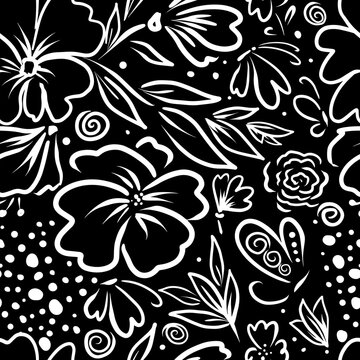 Vector seamless black and white floral pattern. Seamless pattern flowers line black. Vector illustration