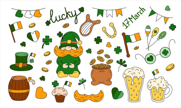 St Patrick vector set. Leprechaun hat, pot of gold, clover and flag, beer, balloons, mustache, dwarf