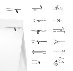 A set of icons for zippers and scissors. Set for package, shows the place of opening, reopening. EPS10. © realstockvector