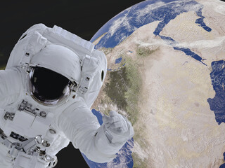 Astronaut near the Earth planet of Solar system. 3d render illustration. Elements of the image are furnished by NASA