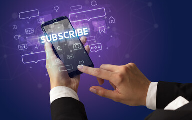 Hand using smartphone with social media concept