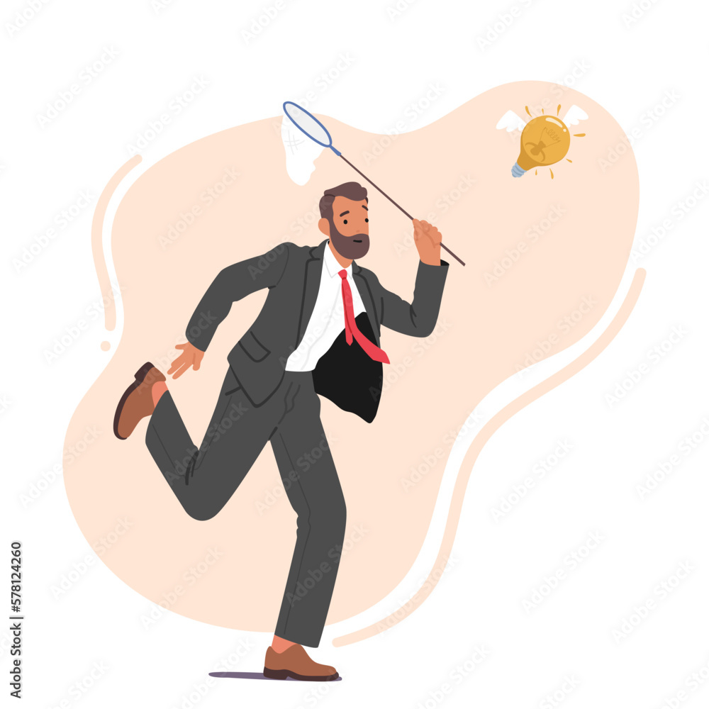 Poster businessman character chasing flying light bulb trying to catch with butterfly net isolated on white