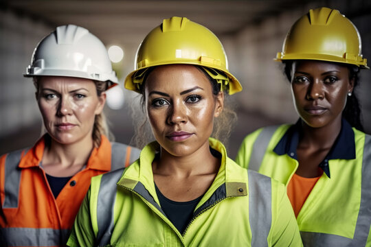 A Group Of Diverse Female Construction Contract Workers Wearing Hat Hats. Generative Ai