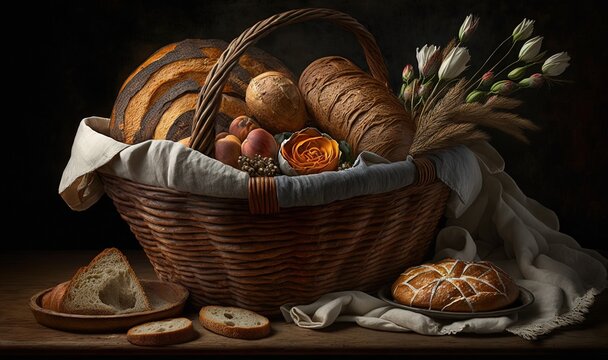 a painting of bread and bread slices in a basket on a table.  generative ai