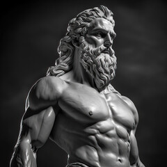 Fototapeta na wymiar Handsome marble statue of powerful greek god Zeus over dark background, The powerful king of the gods in ancient Greek religion looking to the right. Generative AI