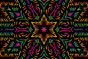 Beautiful caleidoscope symmetrical colourful gradient flowers line art of traditional background batik dayak ornament design template elements
