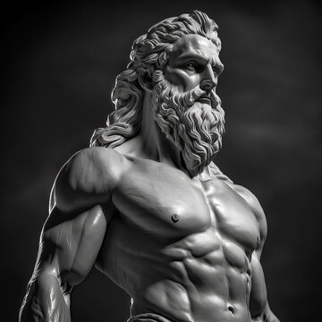 Handsome marble statue of powerful greek god Zeus over dark background, The powerful king of the gods in ancient Greek religion looking to the right. Generative AI