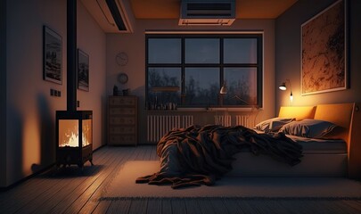  a bedroom with a bed and a window with a light on.  generative ai