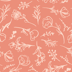 Doodled, hand drawn flowers with leaves seamless repeat pattern. Random placed, line art, vector botanical elements all over surface print on pink background.