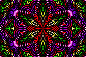 Beautiful caleidoscope symmetrical colourful gradient flowers line art of traditional background batik dayak ornament design template elements
