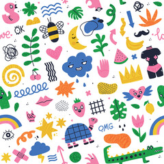 Creative Elements and Doodle Colorful Shapes and Forms Vector Seamless Pattern Template