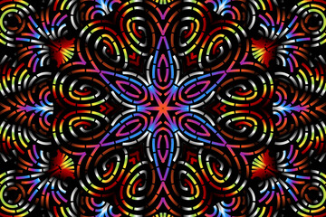 Beautiful caleidoscope symmetrical colourful gradient flowers line art of traditional background batik dayak ornament design template elements

