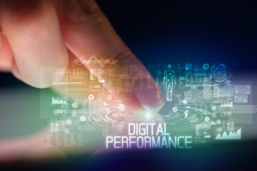 Finger touching tablet with web technology icons concept