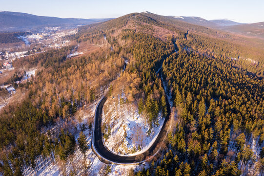 Aerial view of mountain road in Sudety mountains in Poland