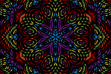Beautiful caleidoscope symmetrical colourful gradient flowers line art of traditional background batik dayak ornament design template elements

