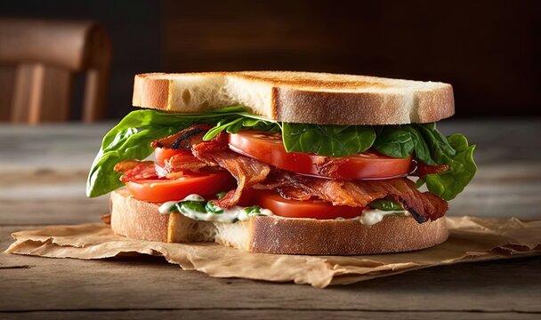  a bacon, tomato and lettuce sandwich on a piece of parchment paper.  generative ai