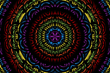 Beautiful caleidoscope symmetrical colourful gradient flowers line art of traditional background batik dayak ornament design template elements
