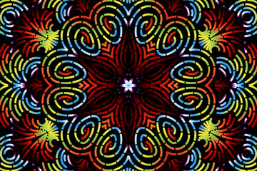 Beautiful caleidoscope symmetrical colourful gradient flowers line art of traditional background batik dayak ornament design template elements
