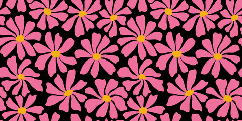 Fototapeta premium Groovy daisy flower seamless pattern. Cute hand drawn floral background.