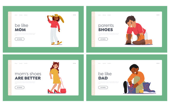Children Trying on Parents Shoes Landing Page Template Set. Little Girls or Boys Trying On Mother or Father Shoes