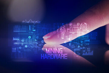 Finger touching tablet with web technology icons concept