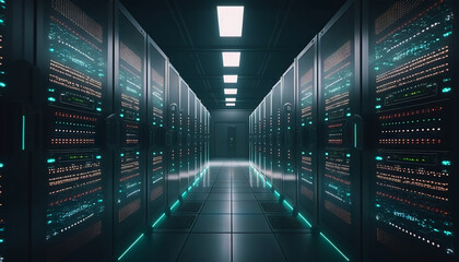 Fototapeta na wymiar Data center with rows of servers. Big data storage room with many blinking lights. Generative AI
