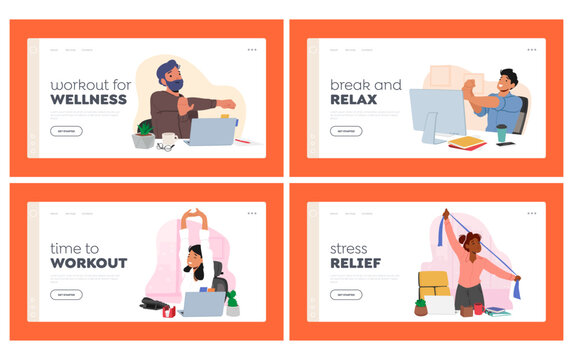 Healthy Habits In Workplace Landing Page Template Set. Male and Female Characters Workout In Office Vector Illustration
