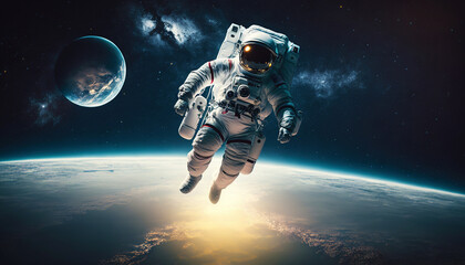 Fototapeta na wymiar Portrait of astronaut floating in space. Generative AI.