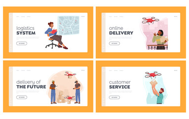 Drones Delivery Service Landing Page Template Set. Technology of Air Transportation Goods To Customers